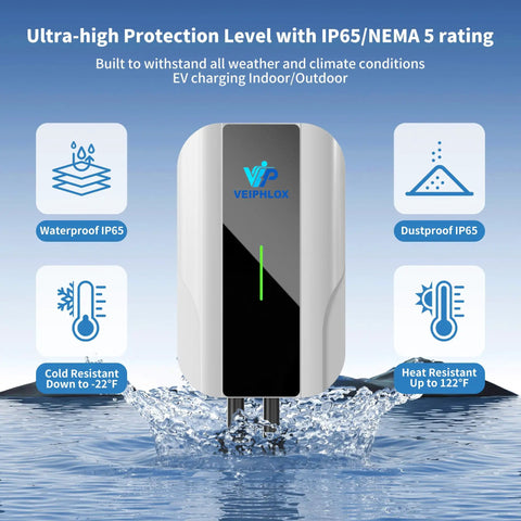 J1772 Level 2 EV Charger 40 Amp 9.6 KW With 25 Ft NEMA 14-50 Cord and IP65 rated housing in water, showcasing durability.