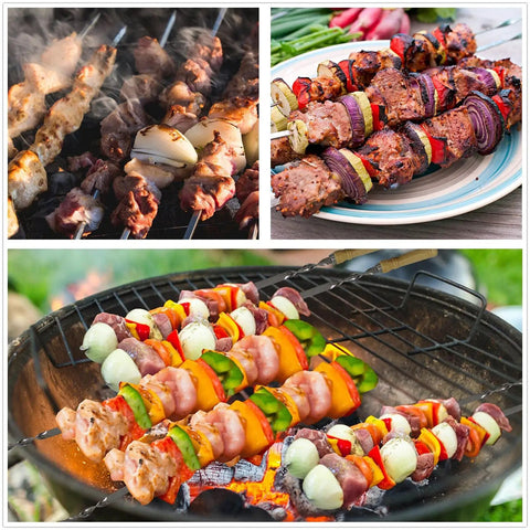 22 Inch Stainless Steel Flat Kabob Skewers With Wooden Handles 12 Pack Reusable Shish Kebab Sticks With Meat And Vegetables