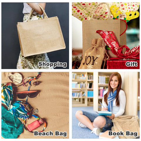 12 Pack Burlap Tote Bags Bulk Reusable Gift Bags With Handles And Inner Zipper Pocket Laminated Interior X Large Jute Beach Bags
