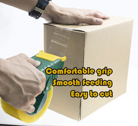 Heavy Duty Ergonomic Packing Tape Gun Dispenser Adjustable 2 Inch Box Sealer being used on a cardboard box with a comfortable grip.