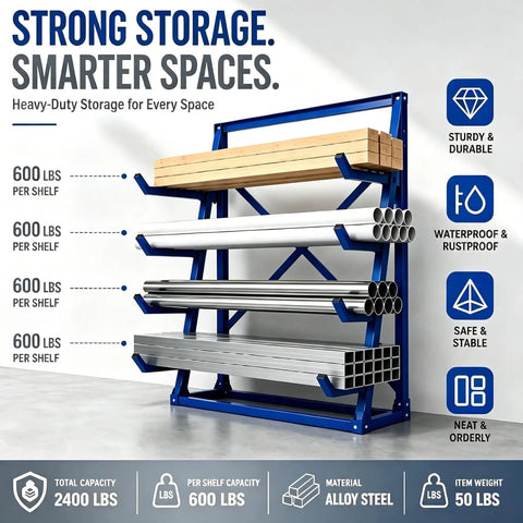 Beast Mode Cantilever Storage Rack Four Tier Steel Frame Supports Two Thousand Four Hundred Pounds For Lumber Pipes Metal Sheets And Garage Workshop Setup