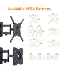 Available VESA patterns for Built Tough Full Motion TV Wall Mount with Effortless Swivel and Tilt Angles.