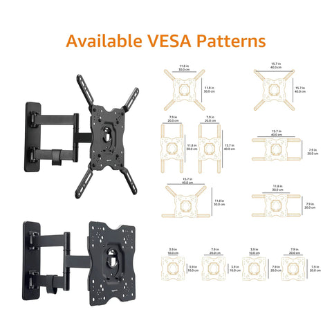 Available VESA patterns for Built Tough Full Motion TV Wall Mount with Effortless Swivel and Tilt Angles.