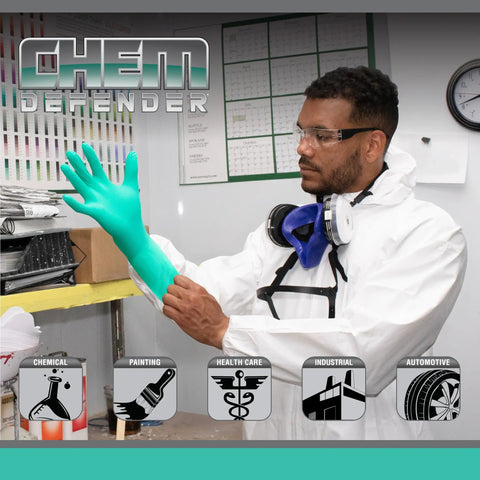 Man wearing Straight Up Tough Powder Free Chloroprene Disposable Gloves With Heavy Five Mil Build, ready for chemical protection.