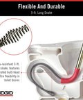 Heavy Duty Toilet Auger With Bulb Head Snake And Pro Clog Remover For Modern Low Flow Toilets Smooth Operator Drain Tool showing 3-ft snake with bulb head.