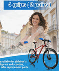 Woman with bike showing 2 Pairs Soft Rubber Mushroom Style Bicycle Handlebar Grips For BMX, Road, And Mountain Bikes Blue, Easy Install.