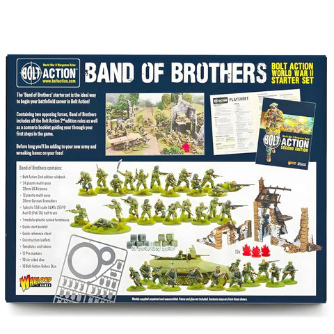 Bolt Action Band of Brothers Starter Set 28mm War Game Bundle With US Airborne And German Grenadiers shown in back view of packaging