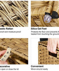 Close-up of Large Handwoven Foldable Storage Basket Metal Frame Real Deal with Lid and Grippy Handles Cotton Lined Bin for Bedroom Laundry Gray Top Shelf Versatile Organizer features with PE rattan and silica gel feet.