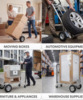 Collage of moving boxes, automotive equipment on dolly, furniture cart with padding, warehouse shelves with supplies.