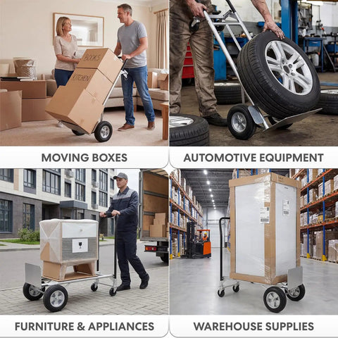 Collage of moving boxes, automotive equipment on dolly, furniture cart with padding, warehouse shelves with supplies.