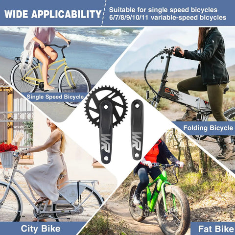 Single Piece Mountain Bike Crankset 36T With 170mm Arms For MTB Bicycles and compatibility with various bike types shown