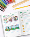 First Grade Writing Workbook For Kids Ages 5 To 7 Learn To Write Stories Informational Text And Opinion Pieces Plus Handwriting Practice For Classroom Or Homeschool Curriculum, open workbook with pencils and ruler