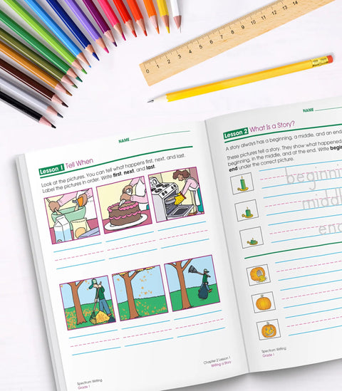 First Grade Writing Workbook For Kids Ages 5 To 7 Learn To Write Stories Informational Text And Opinion Pieces Plus Handwriting Practice For Classroom Or Homeschool Curriculum, open workbook with pencils and ruler