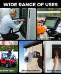 Collage showing uses for Beefy 12V 7Ah LiFePO4 Deep Cycle Battery With Built In BMS, including fish finders and ride-on toys.