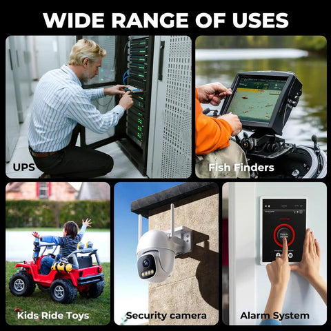 Collage showing uses for Beefy 12V 7Ah LiFePO4 Deep Cycle Battery With Built In BMS, including fish finders and ride-on toys.