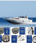 Image of Keyless 50mm Boat Deck Fill Cap in Marine Grade 316 Stainless Steel, showing intricate craftsmanship details below a boat at sea.