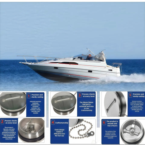 Image of Keyless 50mm Boat Deck Fill Cap in Marine Grade 316 Stainless Steel, showing intricate craftsmanship details below a boat at sea.