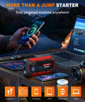 Powerful 5000A Jump Starter Pack for Cars and SUVs, charging devices, red and black design, on a desk with electronics, LED lights visible.