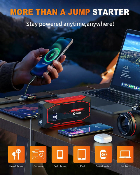 Powerful 5000A Jump Starter Pack for Cars and SUVs, charging devices, red and black design, on a desk with electronics, LED lights visible.