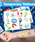 Science Themed Party Favors Set With 24 Temporary Tattoos featuring colorful science illustrations on arm and sheet.