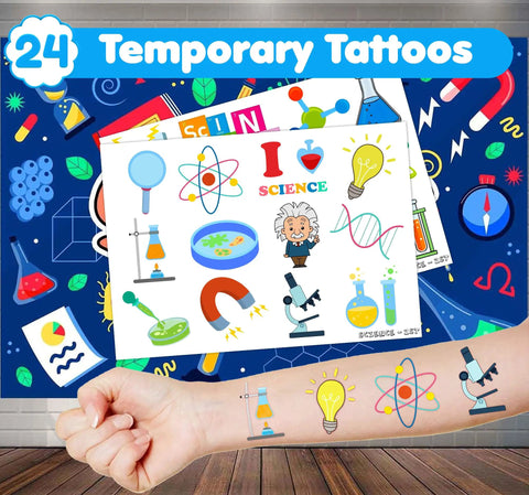 Science Themed Party Favors Set With 24 Temporary Tattoos featuring colorful science illustrations on arm and sheet.