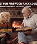 Elderly man reading with child by the fireplace, Zettum Firewood Rack Cover text highlights product's all-weather protection.