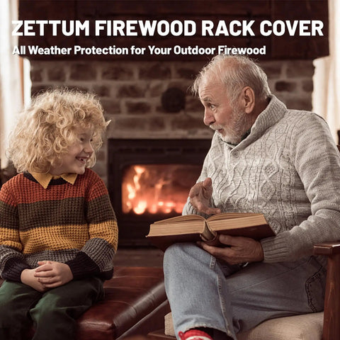 Elderly man reading with child by the fireplace, Zettum Firewood Rack Cover text highlights product's all-weather protection.
