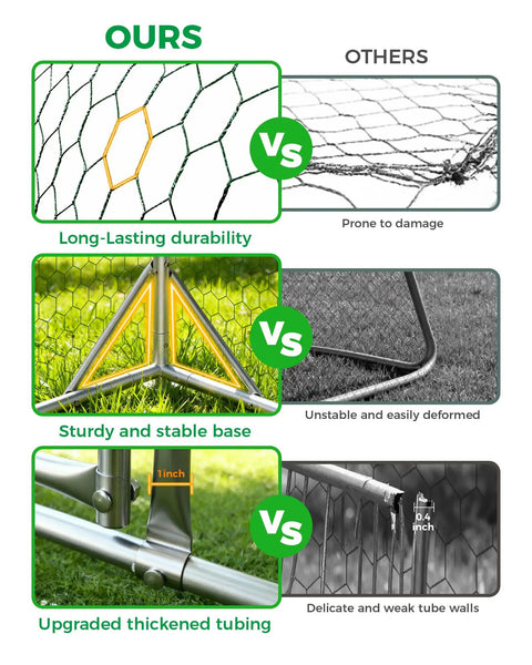 Comparison chart of Walk In Metal Chicken Coop With Run For Yard showcasing durability, stable base, and thickened tubing.