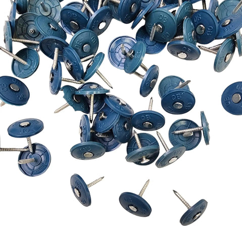 Heavy Duty 2000 Pack 1 Inch Galvanized Roofing Nails With Sturdy Round Plastic Caps scattered on a white background.