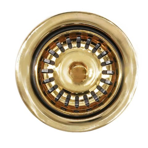 Post Style Kitchen Sink Basket Strainer And Extra Deep Collar Waste Disposal Flange Combo Fits Three And A Half Inch Openings Solid Brass Construction Polished Brass Finish Includes Strainer Stopper Quick Install For A Leak Free No Fuss Drain Upgrade product top view close-up.