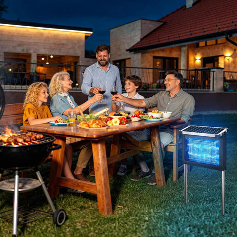 Family gathering outdoors with a table set for dinner, a grill, and an Outdoor Bug Zapper With Projector Lights