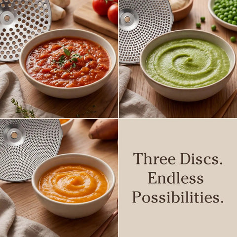 Tomato sauce, green puree, and orange puree in bowls with Ergonomic Hand Crank Food Mill With 3 Stainless Steel Discs For Tomato Sauce Applesauce Baby Food Mashed Potatoes Puree And Canning Smooth Texture From Fine To Coarse No Fuss Kitchen Essential For Home Cooks.