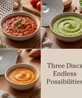 Three bowls of sauce and puree with stainless steel discs behind, showcasing the Compact Stainless Steel Food Mill With Three Discs Ergonomic Rotary Hand Crank And Removable Handles For Tomato Sauce Applesauce Baby Food Mashed Potatoes And Puree No Fuss Easy Home Cooking And Texture Control For Small Batches.