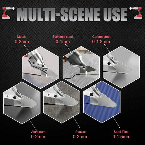 Cordless Metal Shear For Heavy Duty Cutting Of Leather Stainless Steel Iron PVC Carpet Cardboard And Steel Sheets With A 360 Degree Pivoting Head Battery Not Included Portable And Easy To Handle shown cutting various materials.