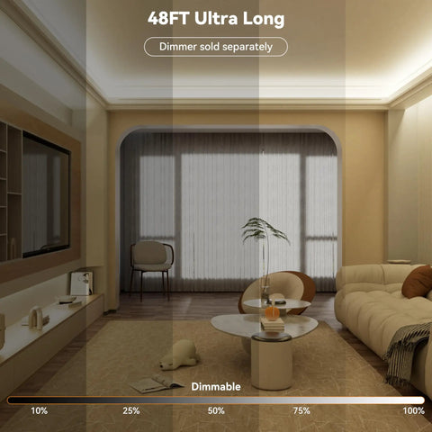 Living room with soft lighting using 48ft COB LED Strip Lights Crazy Bright 4000K Natural White For Cabinets And Home DIY Lighting
