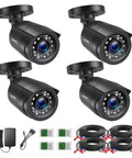 Four Pack 1080P HD TVI Wired Security Cameras Featuring Spot On Clarity And Rugged Weatherproof Bullets with installation accessories.