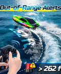 Totally Fun 2.4GHz RC Boat speeds across water with LED lights, remote control in foreground, out-of-range alert at 262 ft