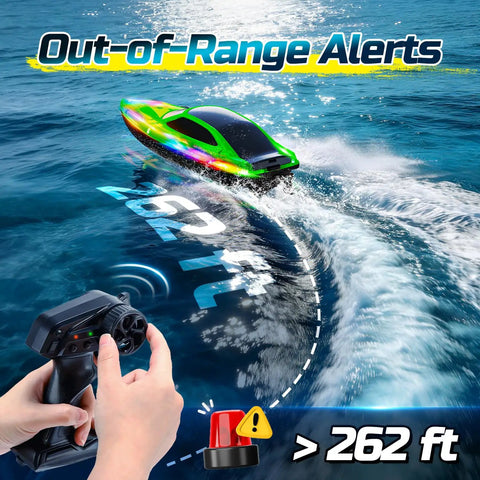 Totally Fun 2.4GHz RC Boat speeds across water with LED lights, remote control in foreground, out-of-range alert at 262 ft