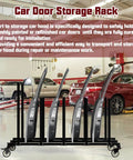 Heavy Duty Vehicle Hood Storage Cart With Six Hood Slots That Maximizes Space For Auto Shops, Space Saving Hood Rack On Wheels With 4 Inch Swivel Casters For Quick, Smooth Maneuverability And Clean Workshop in an auto shop setting.