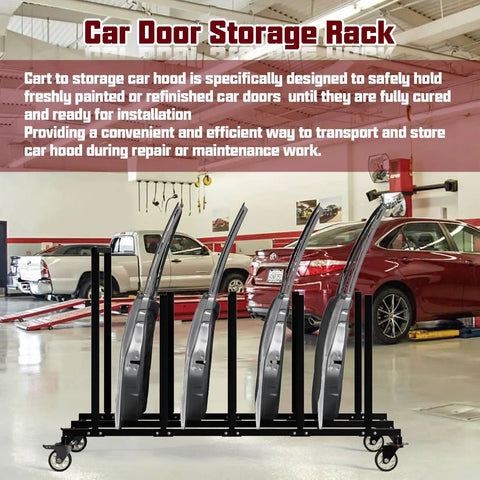 Heavy Duty Vehicle Hood Storage Cart With Six Hood Slots That Maximizes Space For Auto Shops, Space Saving Hood Rack On Wheels With 4 Inch Swivel Casters For Quick, Smooth Maneuverability And Clean Workshop in an auto shop setting.
