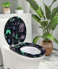 Toilet Seat with Lid, Bathroom featuring a colorful game-themed design, perfect for stylish bathrooms.