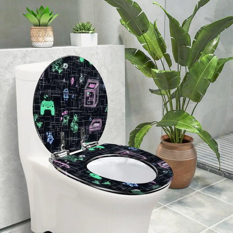 Toilet Seat with Lid, Bathroom featuring a colorful game-themed design, perfect for stylish bathrooms.