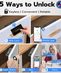 No Drill Hidden Adhesive Cabinet Lock For Baby Proofing Drawers And Cabinets With 5 Ways To Unlock App Apple Watch RFID NFC And Alexa Keyless Smart Lock Black showing various unlocking methods