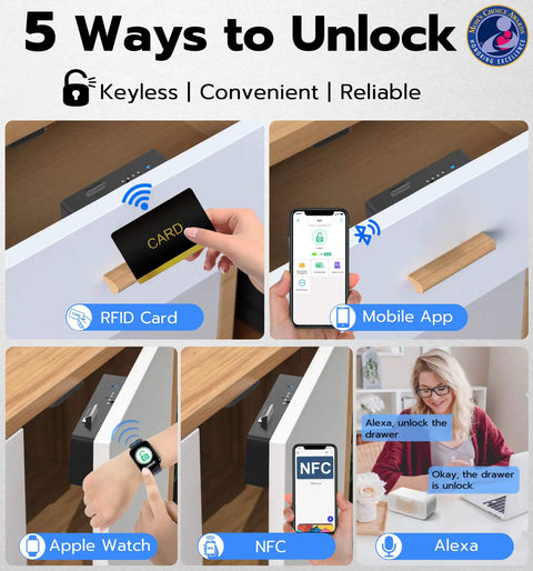 No Drill Hidden Adhesive Cabinet Lock For Baby Proofing Drawers And Cabinets With 5 Ways To Unlock App Apple Watch RFID NFC And Alexa Keyless Smart Lock Black showing various unlocking methods