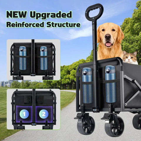Foldable Utility Wagon With All Terrain Wheels And Brakes, Heavy Duty Cart Holds 360 Lbs, detailed features shown with pet