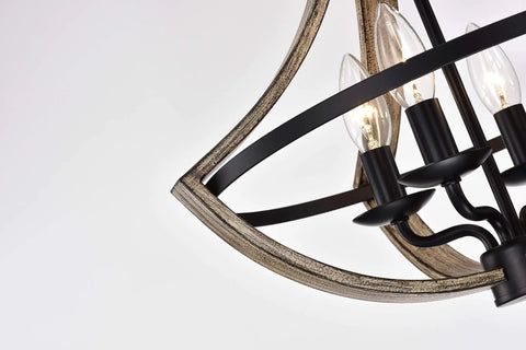 Close-up of Matte Black Metal Open Cage 4 Light Semi Flush Mount With Dope Wood Grain Finish In Brown Indoor Ceiling Light Fixture Requires Four 60 Watt E12 Bulbs Not Included.