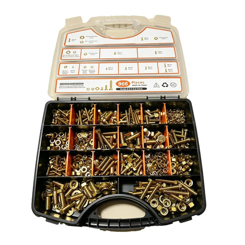 966 Piece Metric Hardware Fastener Set With M4 M5 M6 M8 Bolts Nuts Washers And Lock Washers In Zinc Plated Carbon Steel Rust Resistant Industrial Automotive Repair Kit With Storage Case open case view