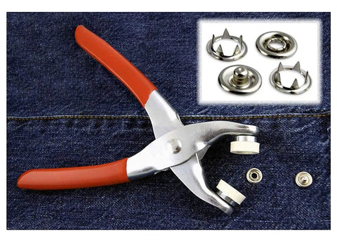 Easy Press Snap Fastener Pliers Kit With 108 Snaps 3/16 Inch for shirts jeans jackets bags and crafts on denim with rubber tips.