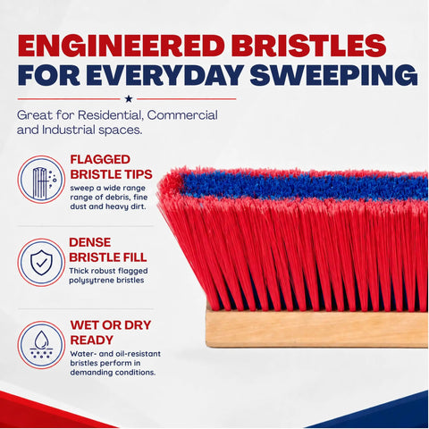 Heavy Duty 36 Inch Commercial Push Broom With Extended Handle For Hassle Free Indoor Outdoor Sweeping Built Like A Tank Workshop Floor Sweeper All Stainless Hardware Real American Made Rig, showing bristles and handle.