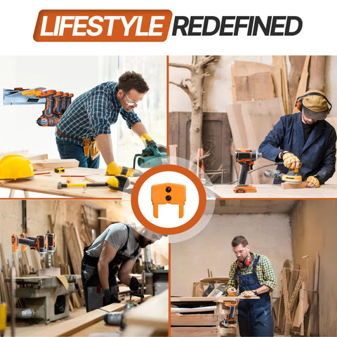 Lifestyle redefined workshop with cordless tool organizer mounts pack of 3 for 18V to 20V RIDGID tools in action.